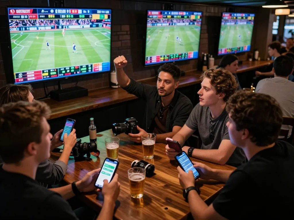 Bsport betting on live sports at a bustling bar with patrons engaged.