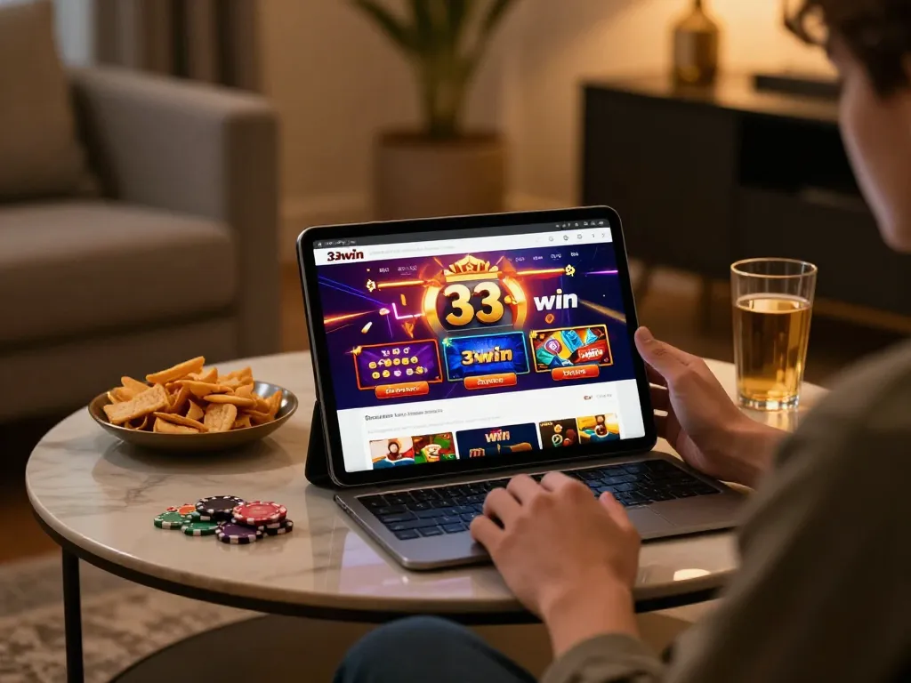 Engaging scene of a person enjoying 33win online gaming on a tablet with snacks nearby.