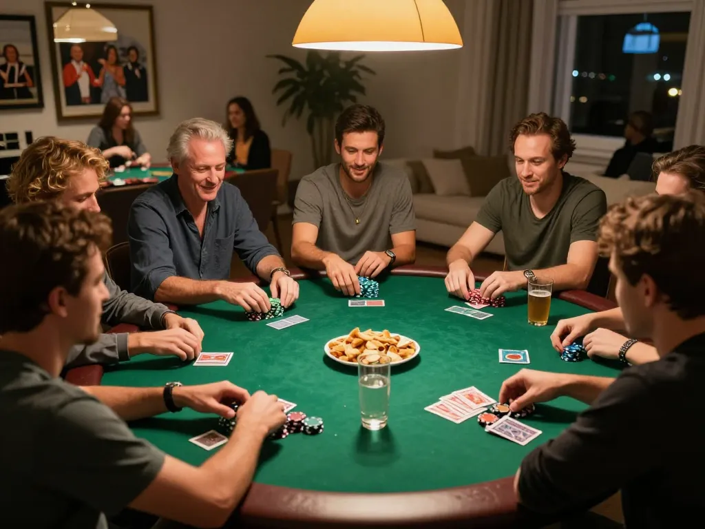 Engaging poker night at home showcasing friends playing at Trang Chủ V9BET, with dynamic gameplay.