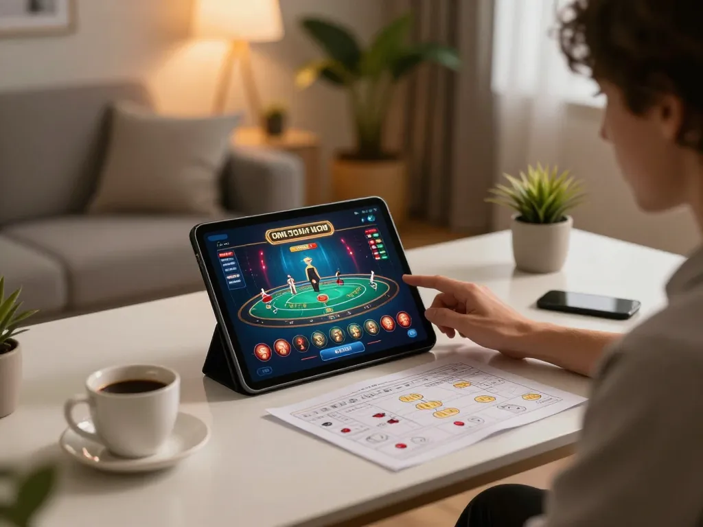 Engaging with 13win casino interface on a tablet at cozy home setup, showcasing strategic gameplay.