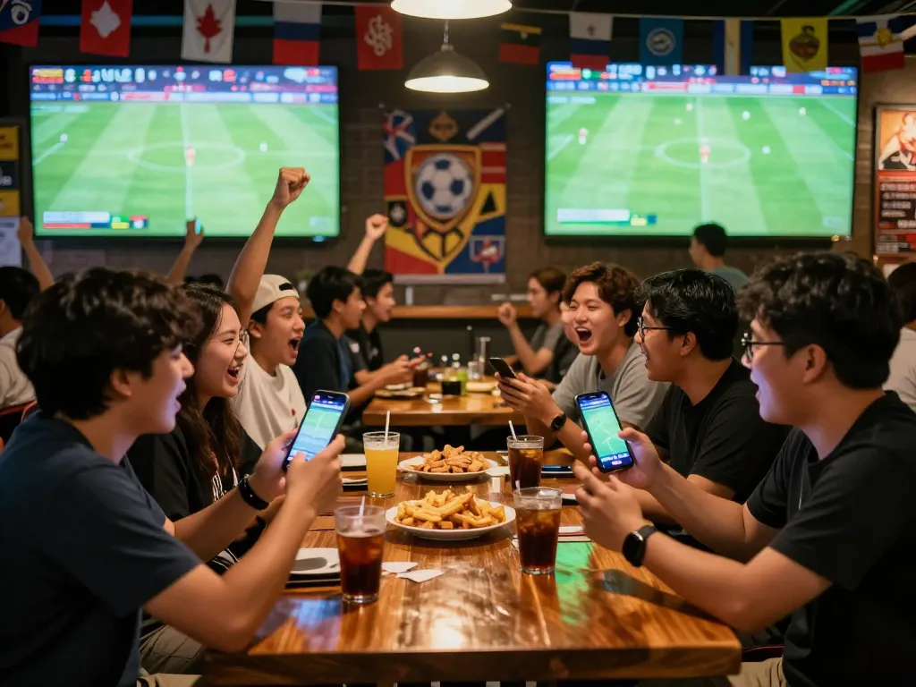 Fans celebrating while placing แทงบอล bets in a lively sports bar atmosphere.