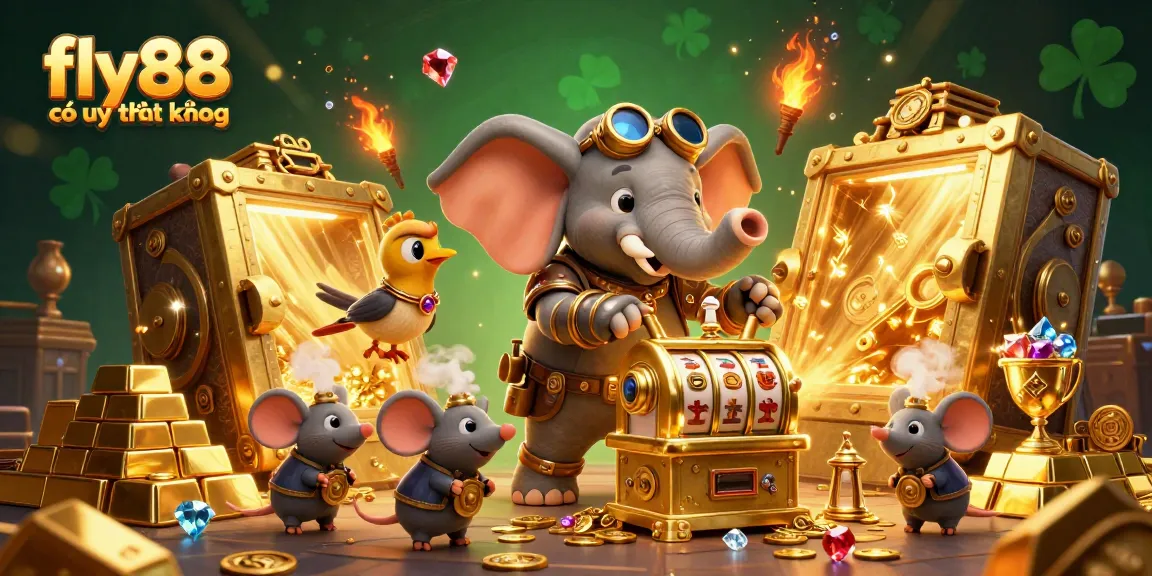 Experience excitement at fly88 có uy tín không with a lively 3D illustration of a steampunk elephant operating a golden slot machine.