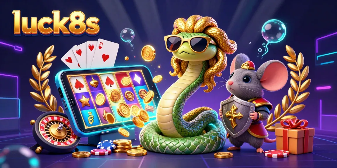Join the fun at luck8s with this vibrant 3D illustration of Medusa and a warrior mouse, showcasing colorful slot games.