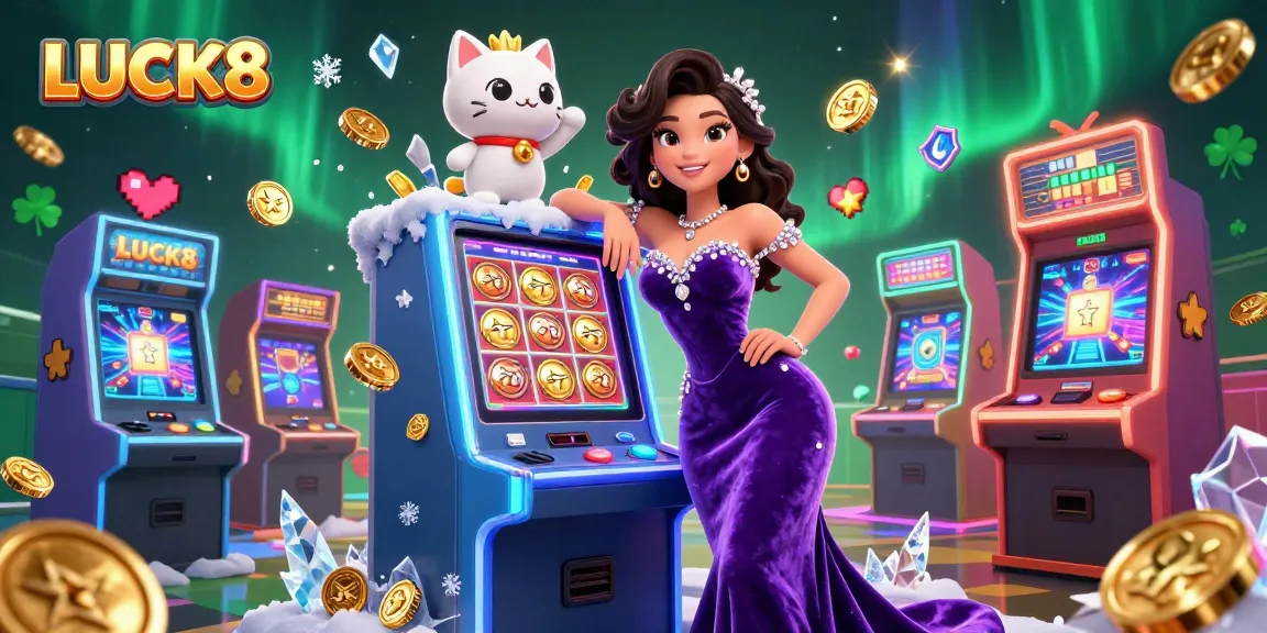 Experience thrilling jackpots at LUCK8 casino with a glamorous character winning on a vibrant slot machine.