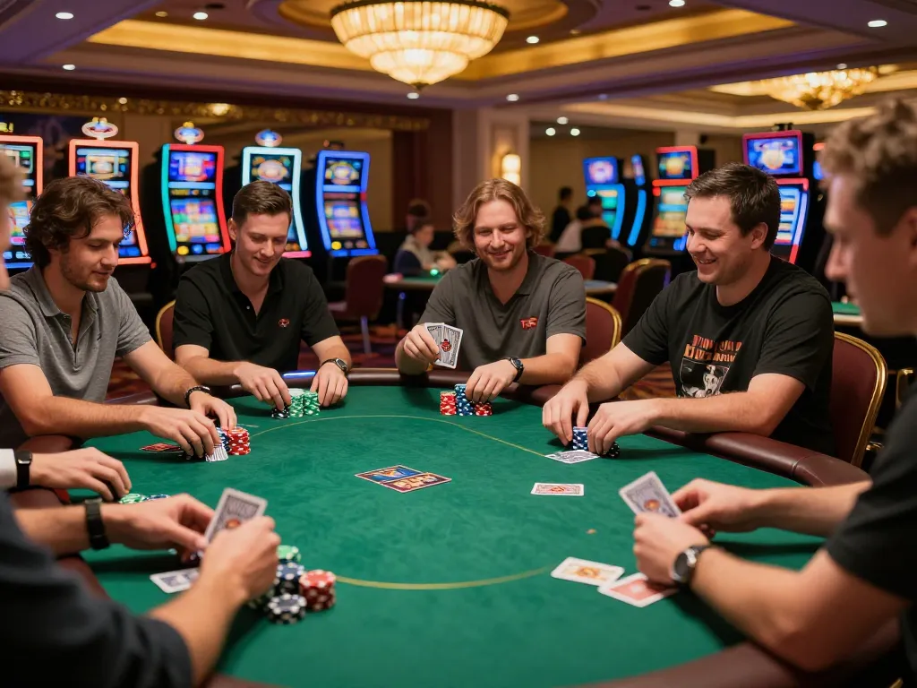 Active poker game at a casino table showcasing players and colorful chips bringing excitement to soibet