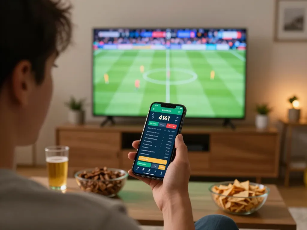 Engaging sports betting enthusiast using a smartphone for บ้านผลบอล7m live odds in a cozy home setting.