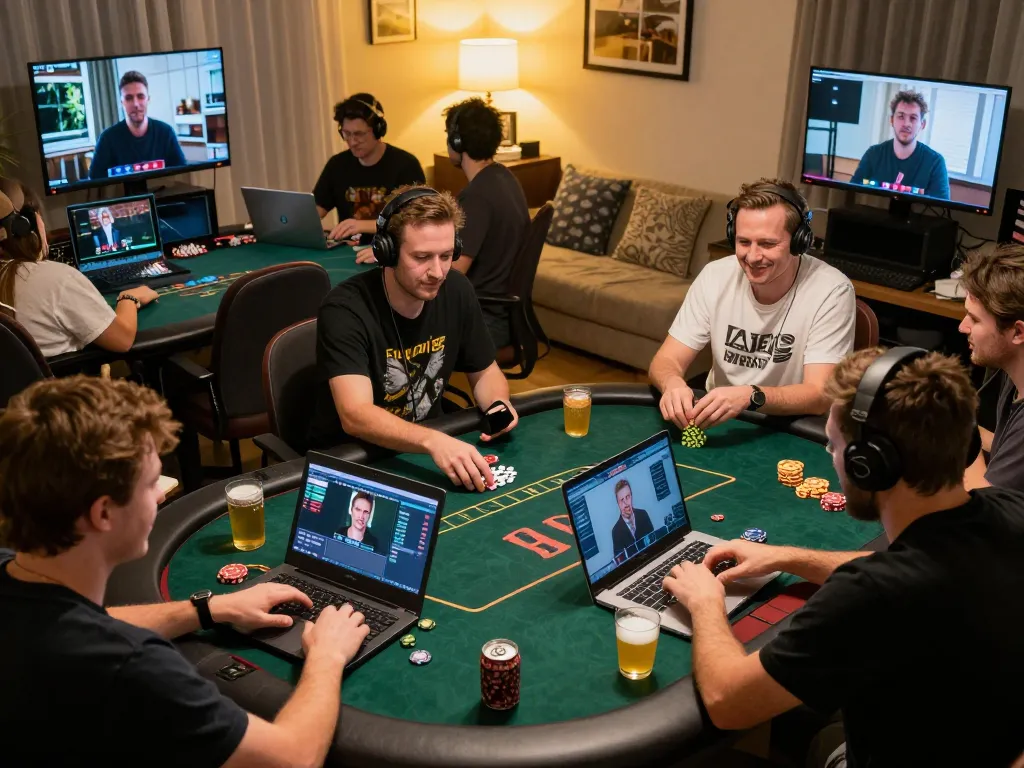 Engaged TR88 online poker players compete in a lively home gaming atmosphere.