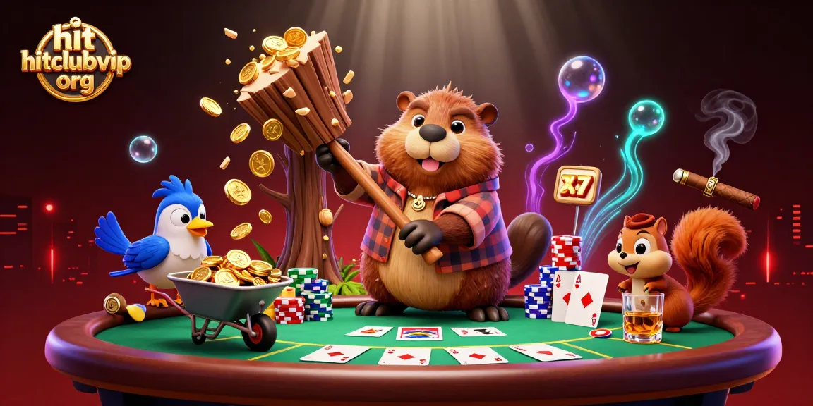 Engaging scene of hitclubvip org with a whimsical beaver, bird, and squirrel amidst poker elements.