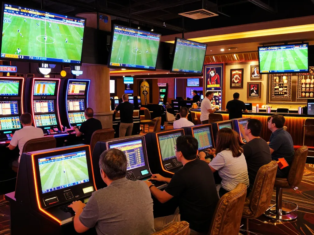 Fans enjoying ฟุตบอล betting excitement at a lively casino sports lounge with large screens.