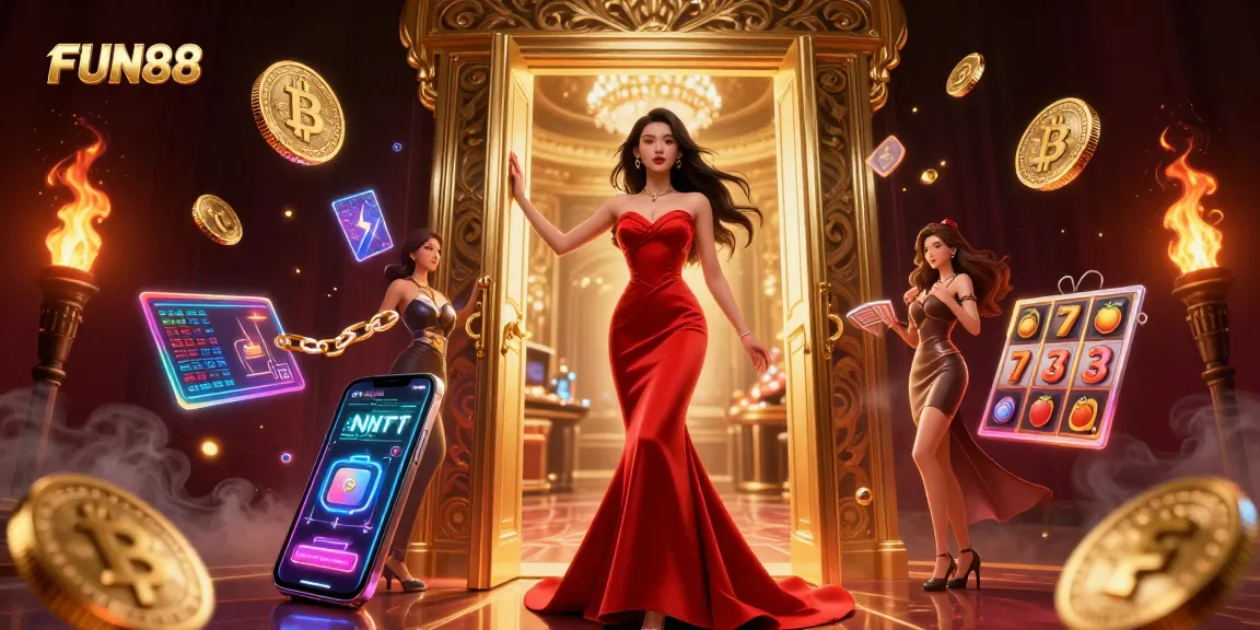 Play exciting casino games with FUN88 featuring vibrant slot reels and dynamic crypto elements.