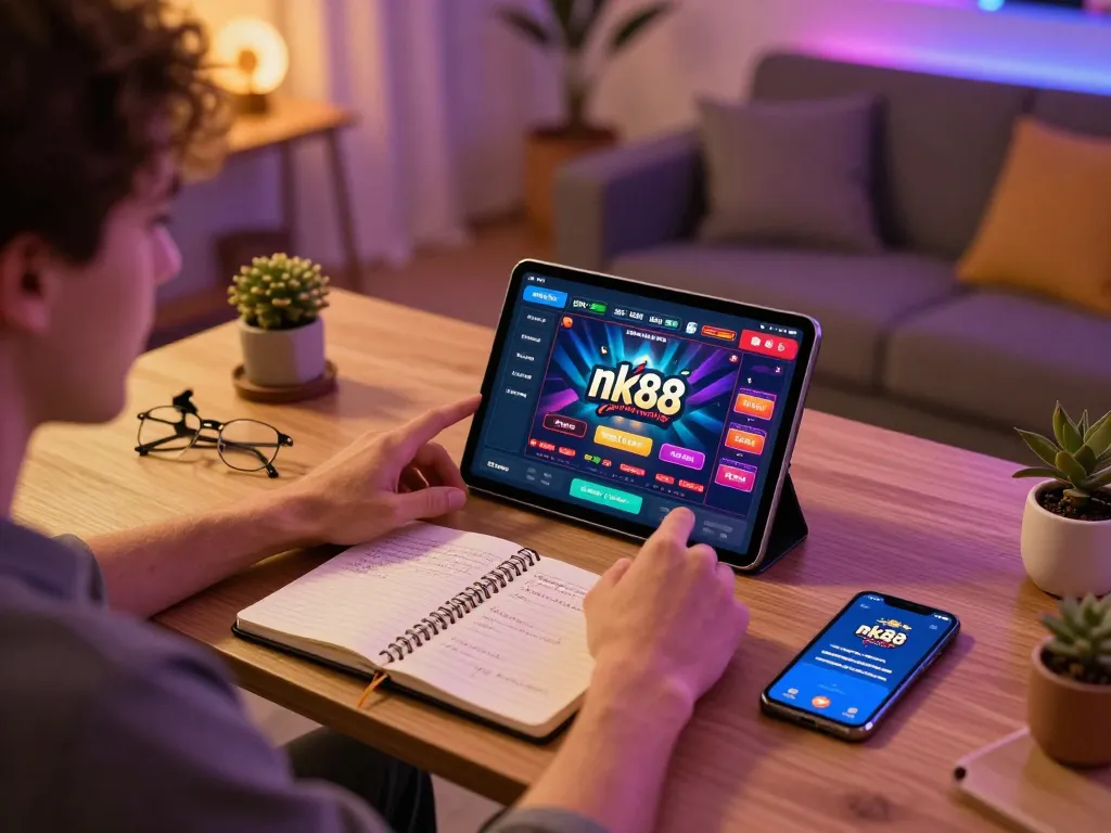 Engaged player exploring nk88 online casino game on a tablet in a cozy home environment.