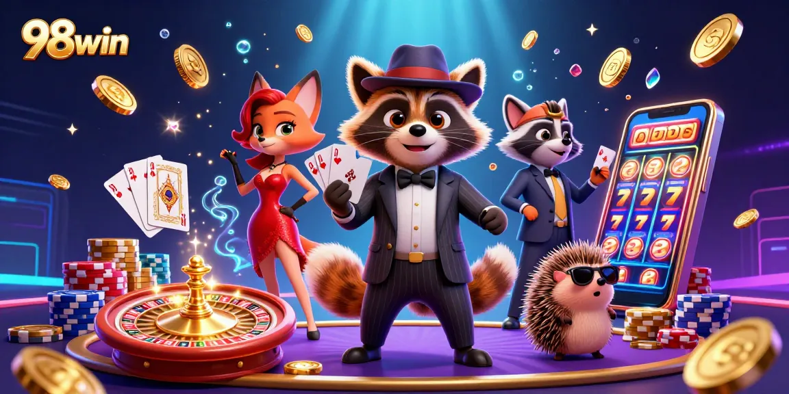 Win exciting jackpots at 98win with a dynamic 3D casino illustration featuring playful characters.