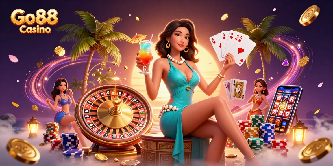 Play exciting games at Go88 Casino with a vibrant illustration of a beautiful woman enjoying a tropical setting.