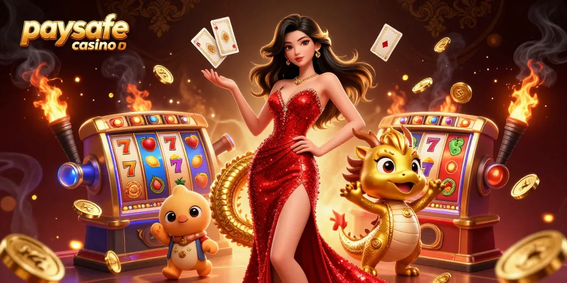 Interagieren Sie im Paysafe-Karten-Casino mit einer atemberaubenden Asiatin und einem goldenen Drachen, umgeben von lebhaften Spielautomaten.