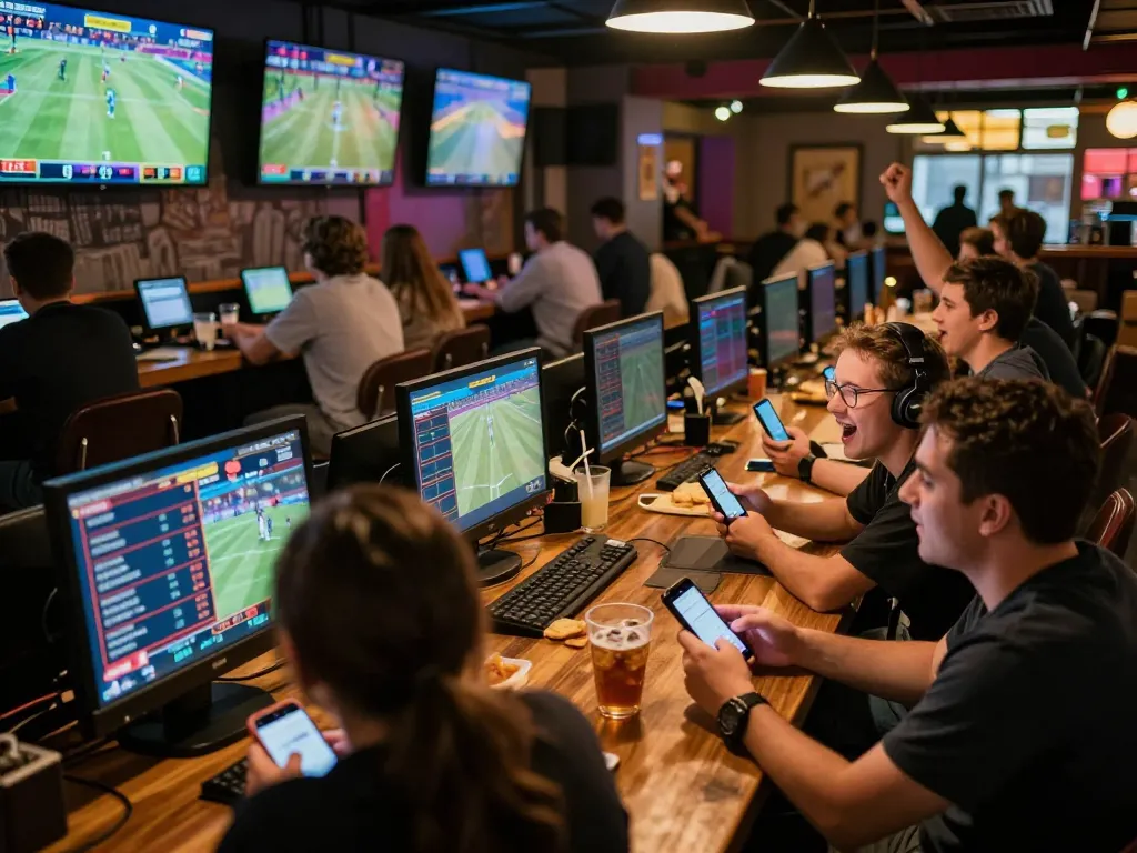 Engaged sports fans placing bets on alo8net during live games, showing excitement and camaraderie