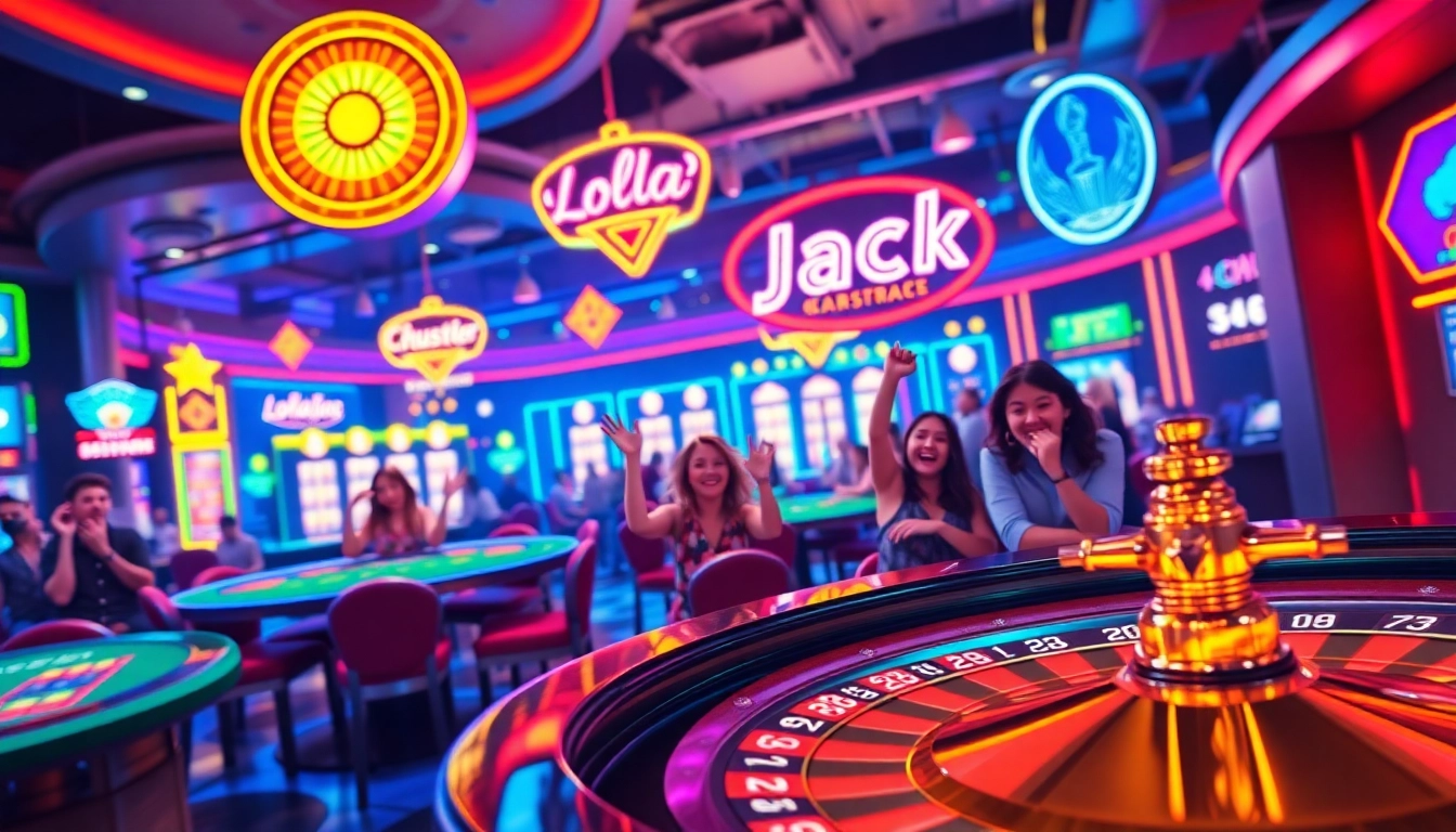 Erlebe LolaJack im aufregenden Casino Ambiente mit spielenden Menschen.