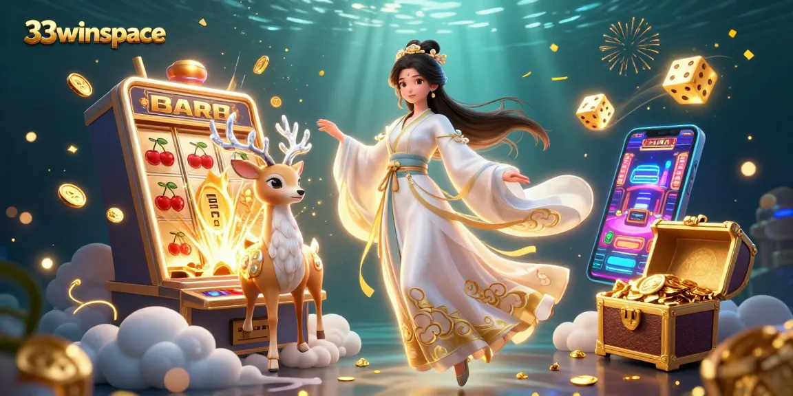Experience slots and jackpots at 33winspace with a beautiful illustration of a jackpot explosion and casino elements.
