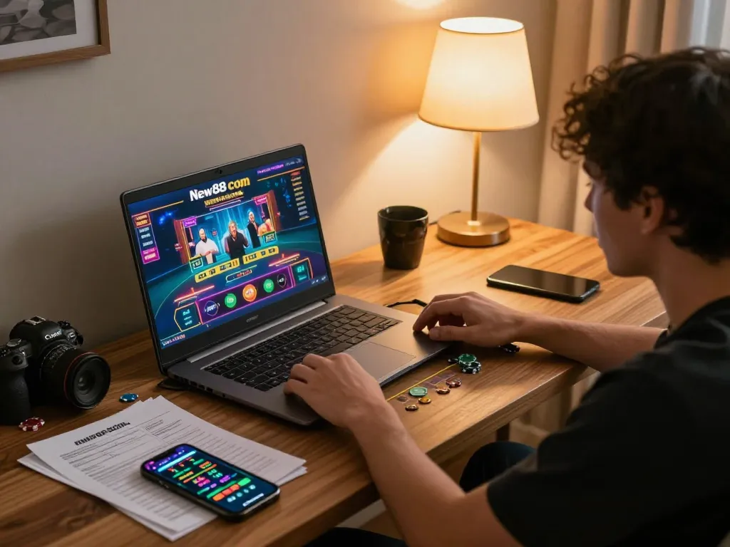 Engaged user playing at New88 com online casino with laptop and strategy notes