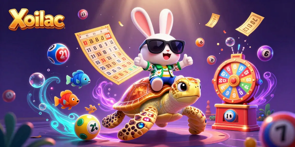 Xoilac offers a vibrant scene depicting a lucky rabbit and a golden turtle amidst lively lottery elements.