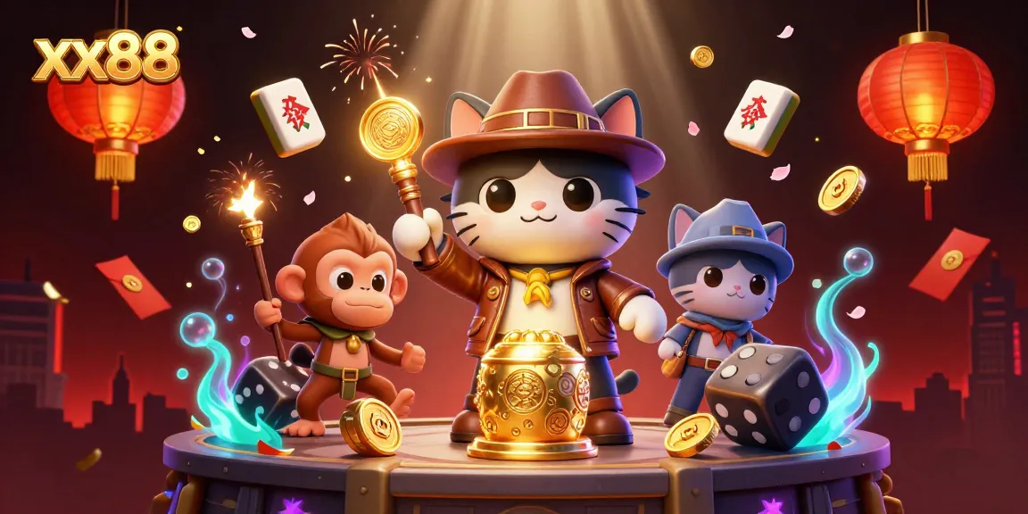 Experience excitement with xx88 as a cartoon cat unearths golden casino treasures in a vivid temple.