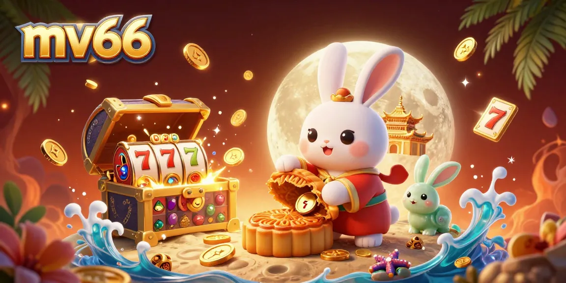 Betting fun at mv66 with a moon rabbit, golden mooncakes, and vibrant casino elements.