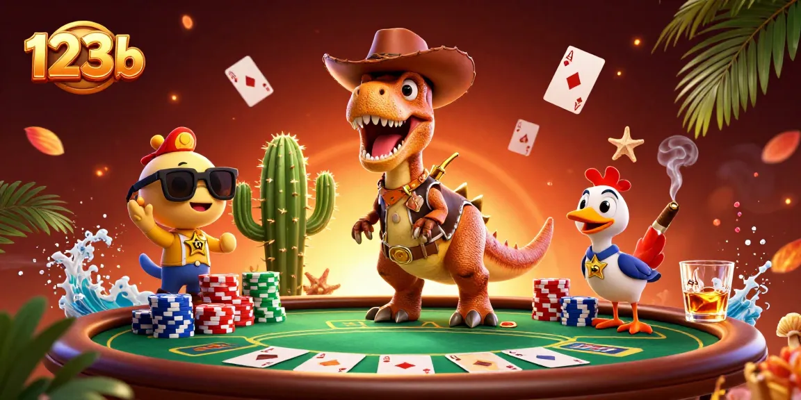 Play cards and win with 123b at the vibrant casino with animated characters and poker elements.