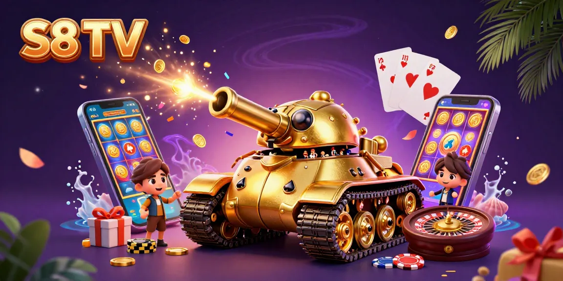 Experience S8 TV with vibrant slot games and casino elements in this dynamic casino-themed illustration.