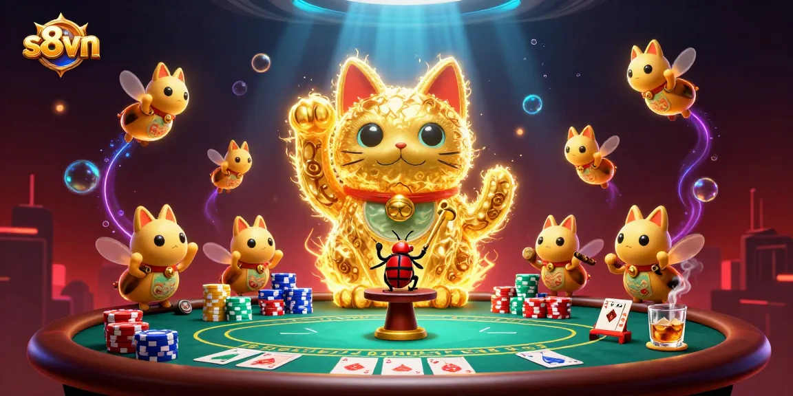 Experience thrilling gambling with s8vn's vibrant lucky cat and casino elements illustration