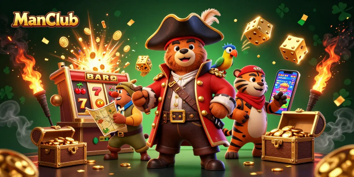 Engage with jackpot excitement at ManClub, featuring a bear captain and tiger first mate in a dynamic casino scene.