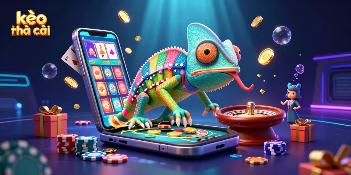 Engage with kèo nhà cái through an exciting casino scene featuring a chameleon owner, smartphone, and dynamic game elements.