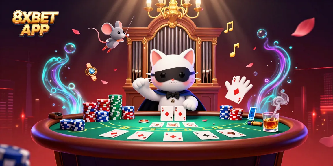 Engage with the thrilling world of 8XBET APP featuring dynamic casino elements and colorful characters.