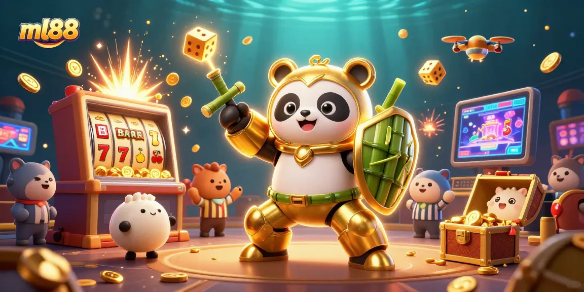 Experience the thrill of ml88 with a dynamic casino scene featuring the golden panda robot in action.