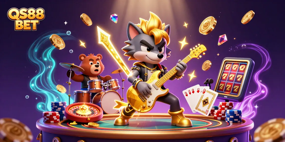 Experience the excitement of QS88 BET with a vibrant, action-packed scene of casino games and cheers.