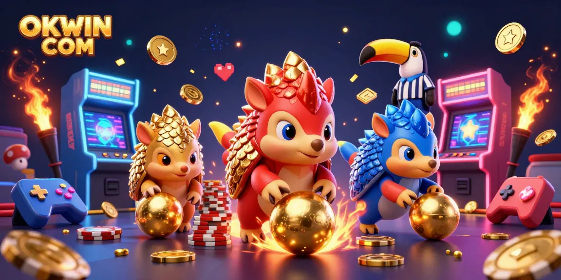 Engage in casino fun with OKWIN COM as rival pangolins compete in a vibrant poker-themed showdown.