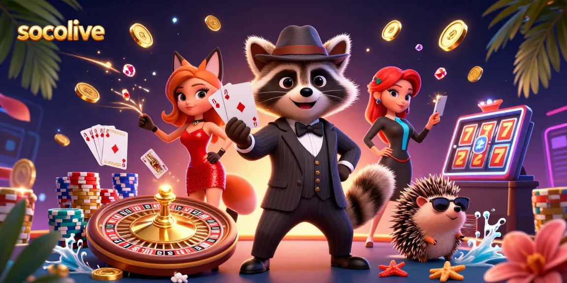 Socolive showcases a dynamic gambling scene with a suave raccoon and his charming companions celebrating winning moments.
