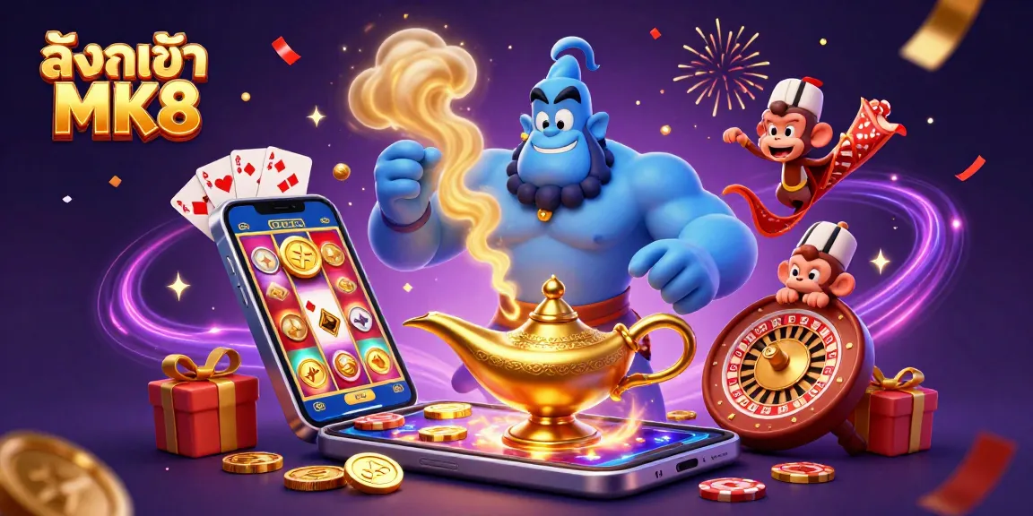 Experience the excitement of ลิงก์เข้า MK8 as golden coins burst from a smartphone in a vibrant 3D casino scene.