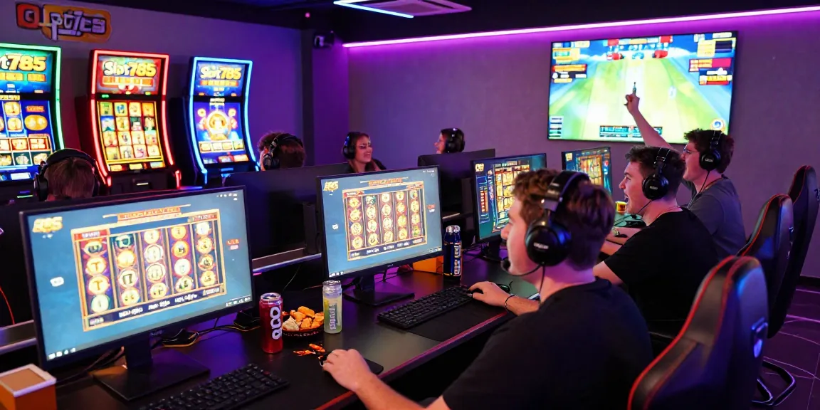 Gamer merayakan kemenangan Slot785 di lounge permainan online yang cerah.