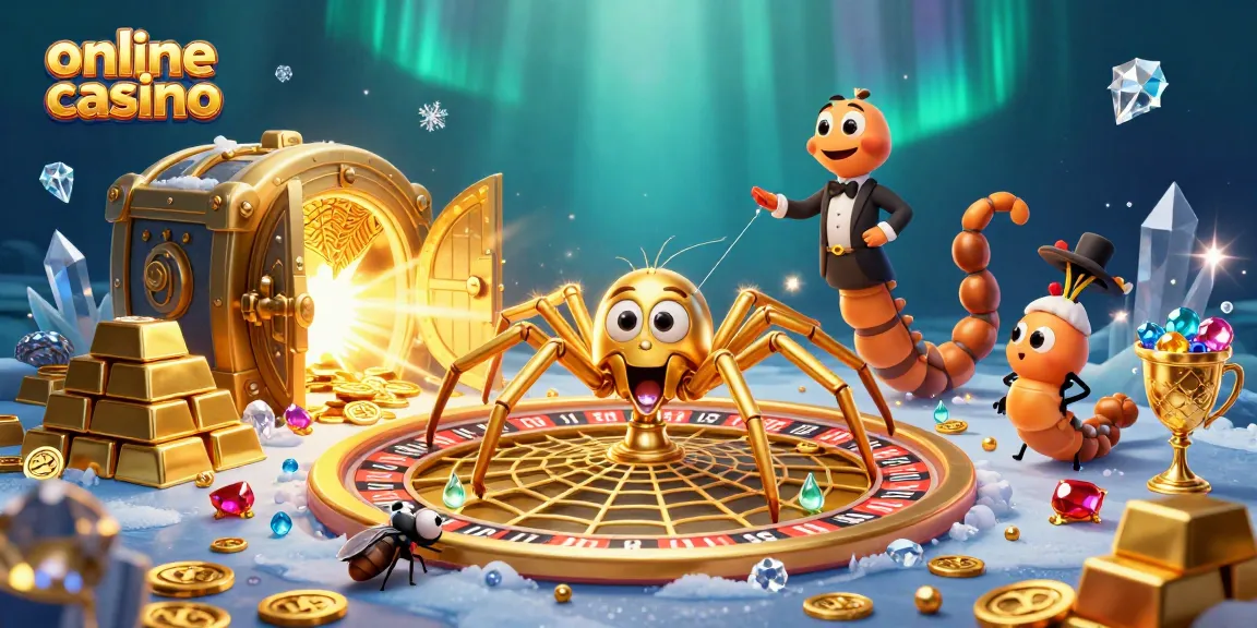 Engage in an exciting online casino spin with a 3D golden spider and vibrant game elements.