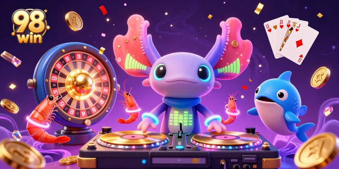 Experience the vibrant 98 win gaming world with energetic axolotl DJ and dynamic casino elements.