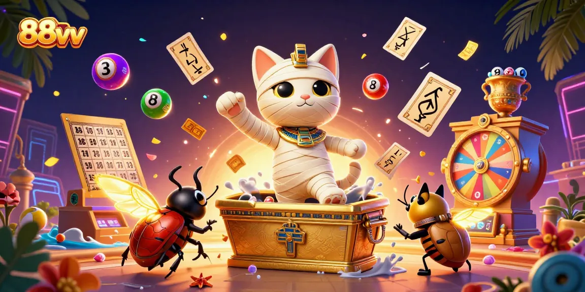 Win exciting prizes with 88vv in a dynamic casino scene featuring a playful Egyptian mummy.