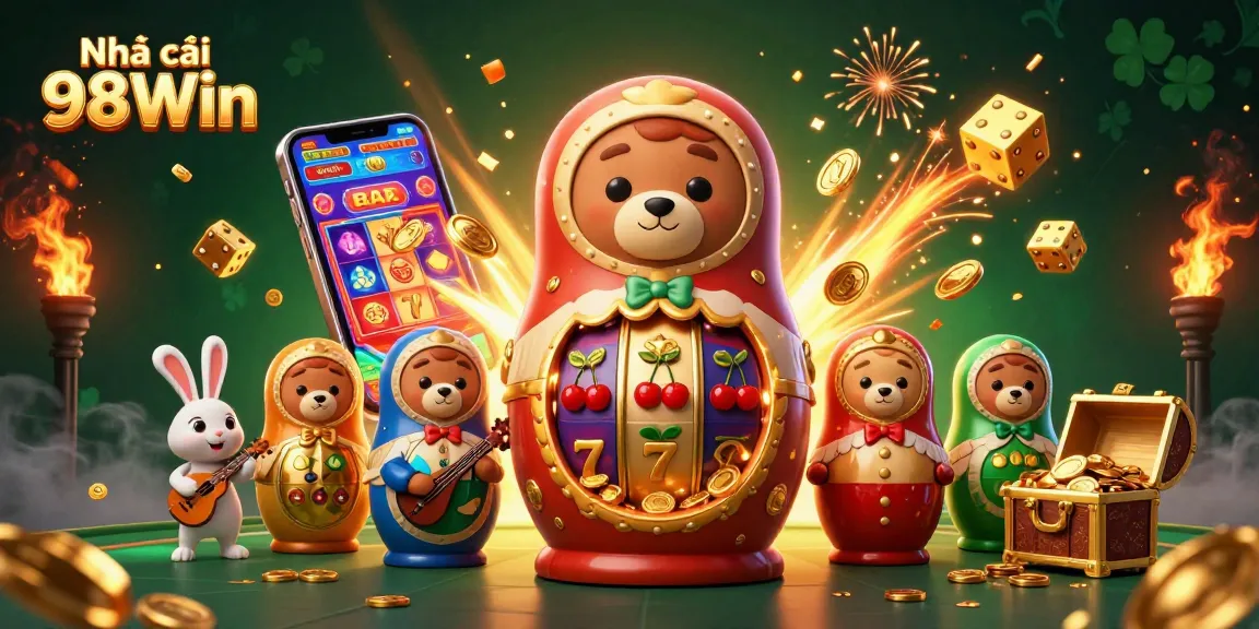 Join the fun at Nhà cái 98Win with colorful characters celebrating big wins in a vibrant casino scene.