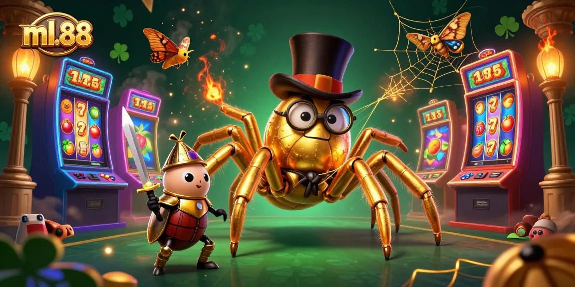 Experience thrilling gameplay at ml.88 with a vibrant golden tarantula and imaginative casino elements.