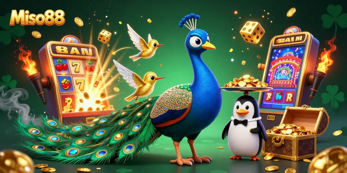 Miso88 offers players vibrant action in a 3D casino scene with a peacock, penguin, and hummingbird.