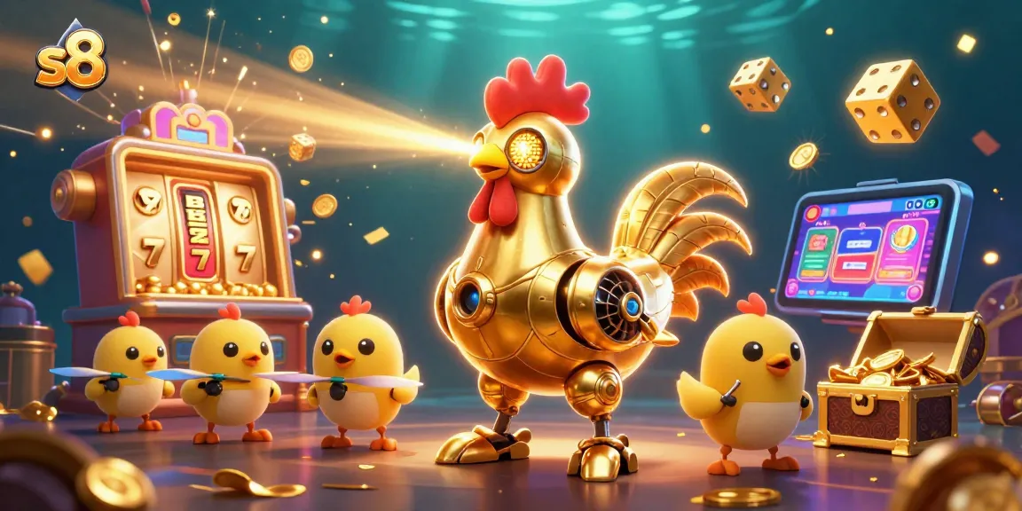 Engage with the thrilling world of S8 as the golden rooster robot and baby chick drones come alive in a dynamic casino scene.