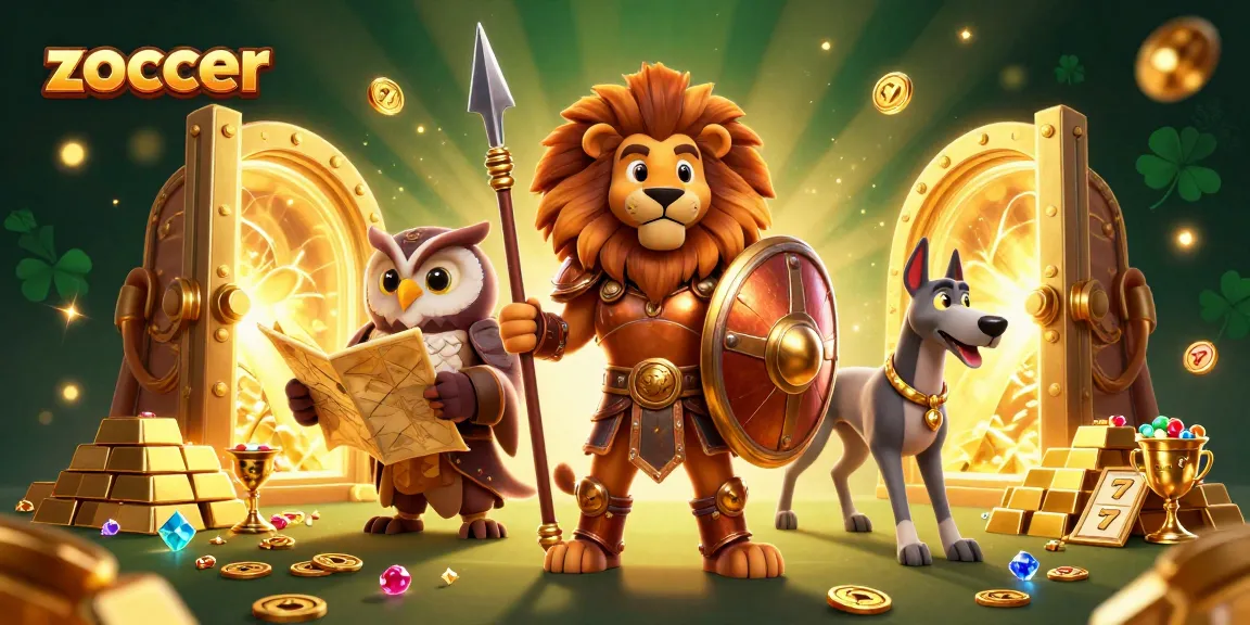 The zoccer casino scene features a Spartan lion flanked by an owl strategist and a greyhound, amidst a treasure-filled environment.