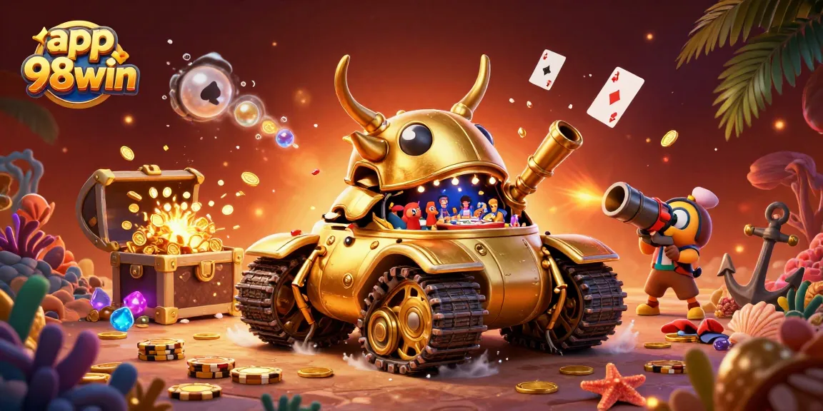 Experience thrilling games with app 98win as dynamic casino elements surround a golden beetle tank.