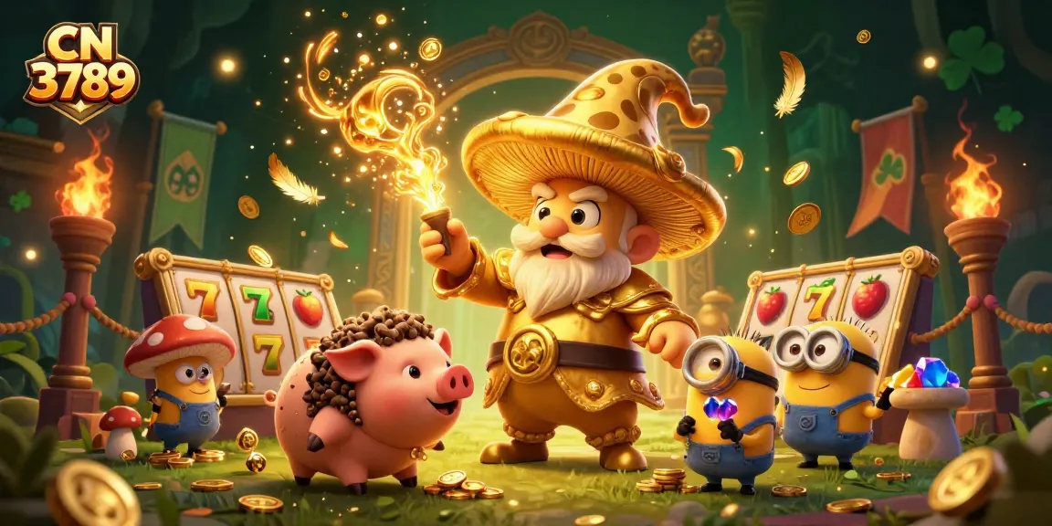Engage in thrilling gameplay with CN 3789 showcasing golden treasures, slot reels, and magical casino settings.