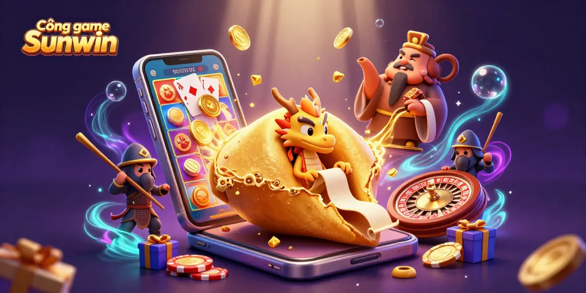 Cổng game Sunwin showcases a vibrant 3D scene with golden fortune cookie and slot game elements for immersive gambling.