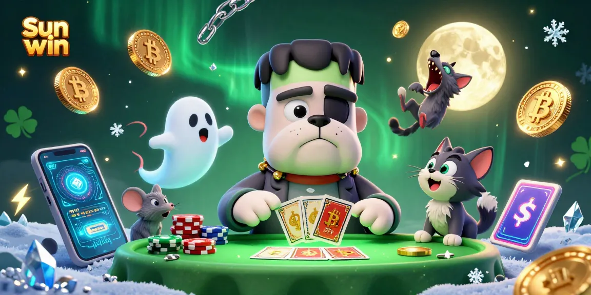 Win big with Sun win at a thrilling 3D casino scene featuring colorful characters and crypto coins.