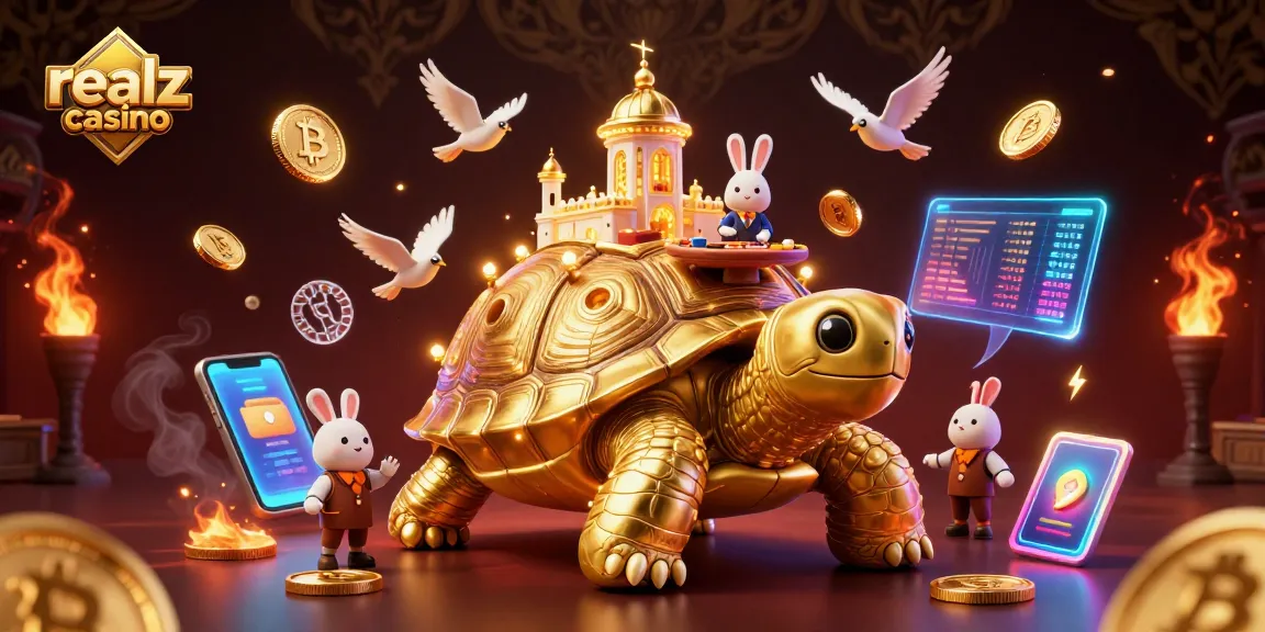 Experience the excitement of realz casino with a cartoon golden tortoise casino scene and crypto elements.